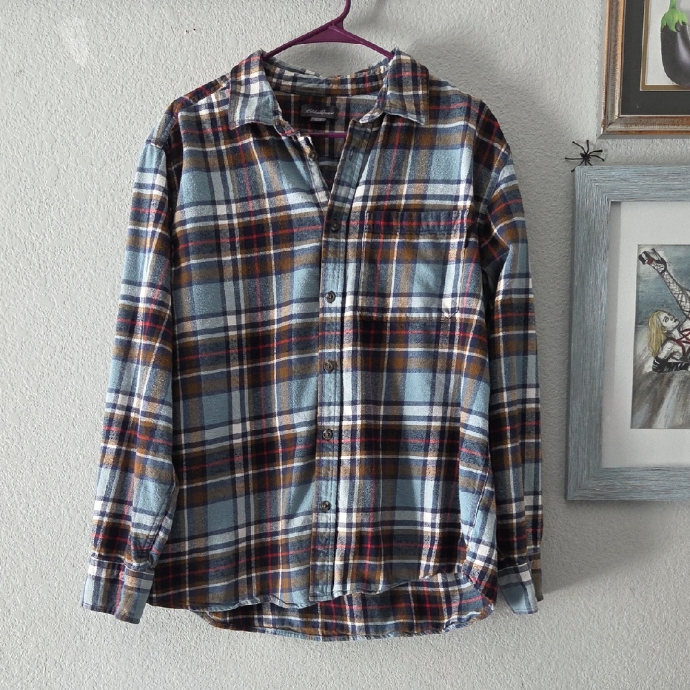 Eddie Bauer Blue and Brown Plaid Casual Shirt